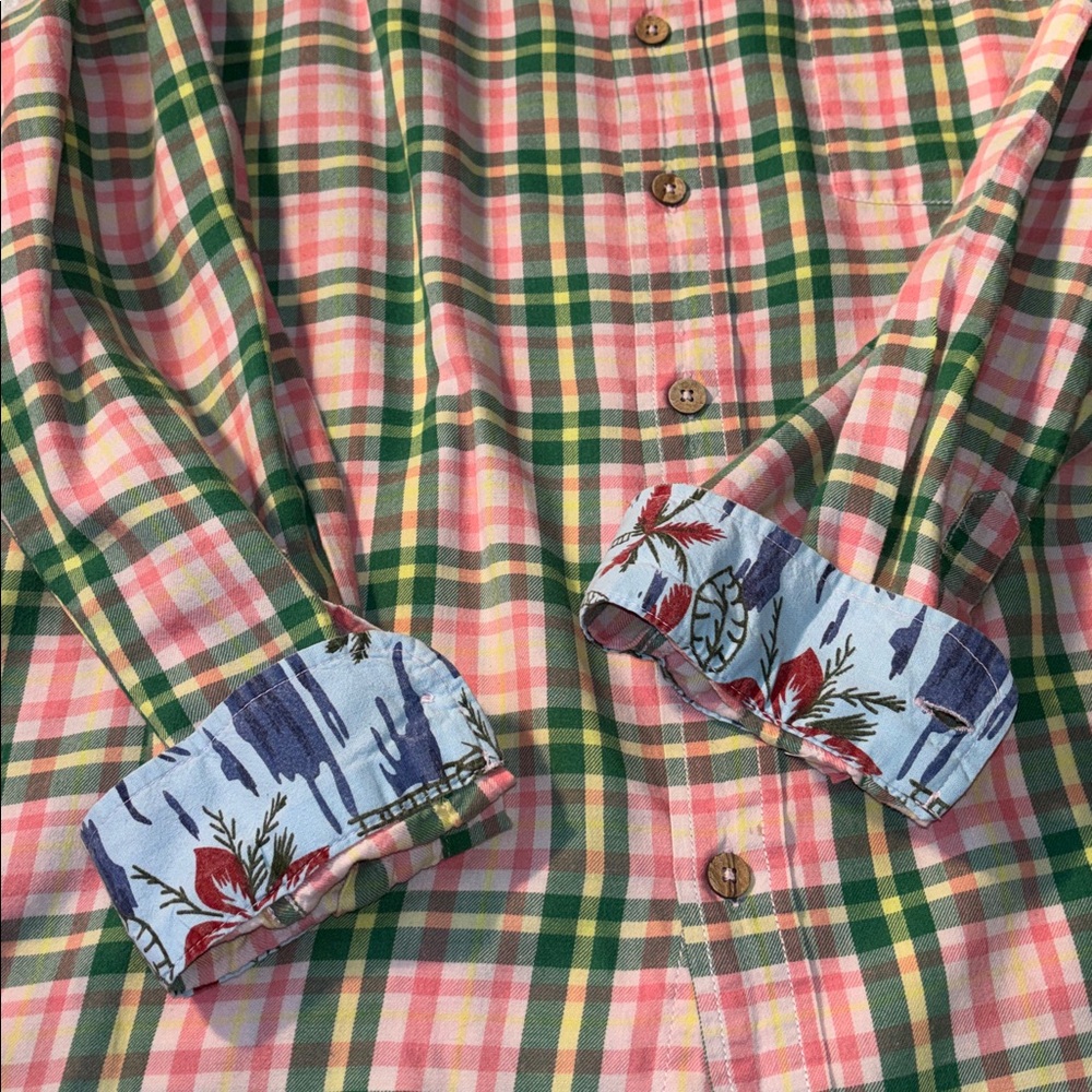 Vintage 1946 Preppy Plaid Button-Up Shirt Tropical Green Charleston Pink Lrg EUC - Picture 12 of 13